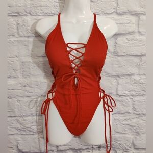 Tempt Me  Sexy Lace Up One Piece Swimsuit Deep Plunge V Neck High Cut Bathing Su